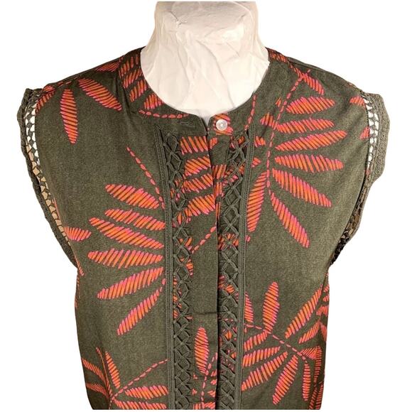 Tropical Palm Leaf Sleeveless Button Top Womens XS Green Coral Resortcore Boho - Picture 6 of 12